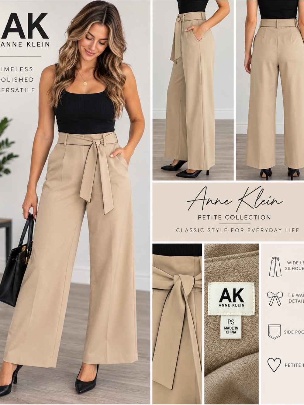 Anne Klein Petite Small Beige Wide Leg Tie Waist Pants Trousers